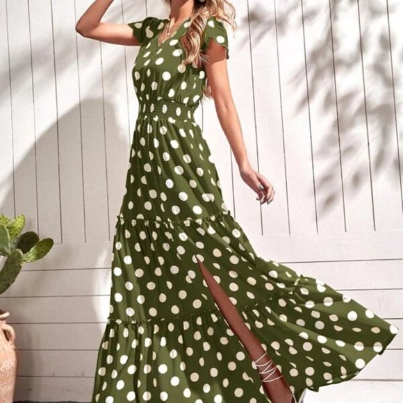 green polka dot print ruffle hem maxi dress - Picture 4 of 6